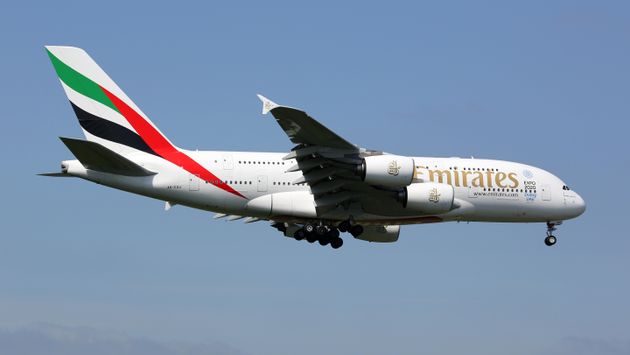 Emirates Airbus A380 approaching London Heathrow Airport