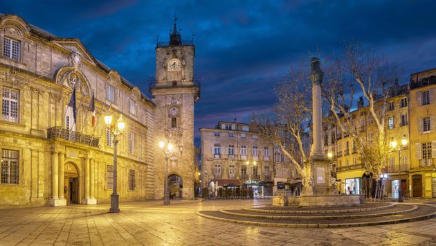Town Hall square at dusk in Aix-en-Provence, France