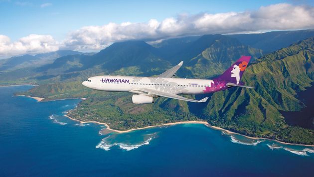 Hawaiian Air Airplane and Ariel view of mountains