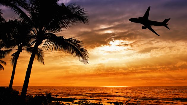 Tropical, island, sunset, palm trees, airplanes, planes,Hawaii