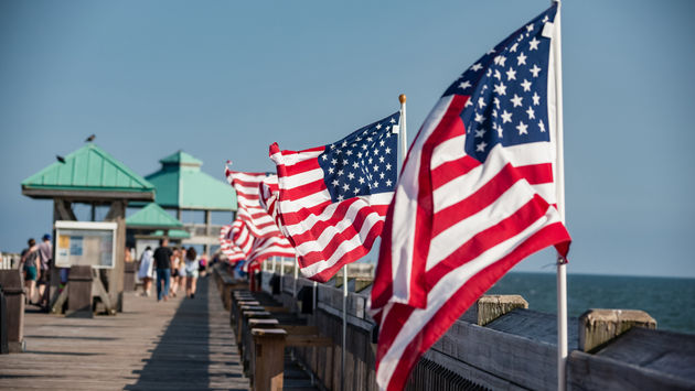 American flags, pier, beach, Charleston, South Carolina, patriotic, Memorial Day