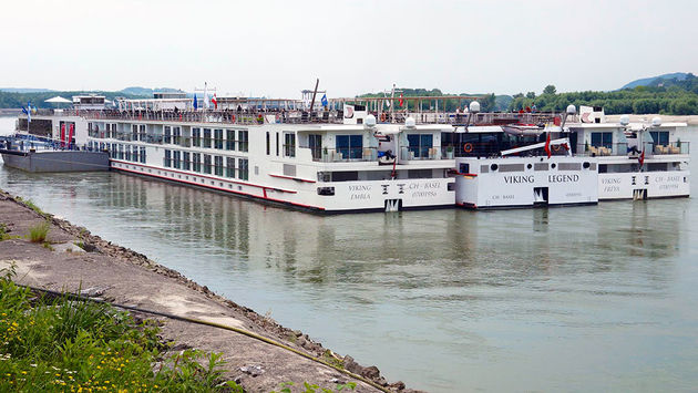 Various Viking River Cruises riverboat classes moored together