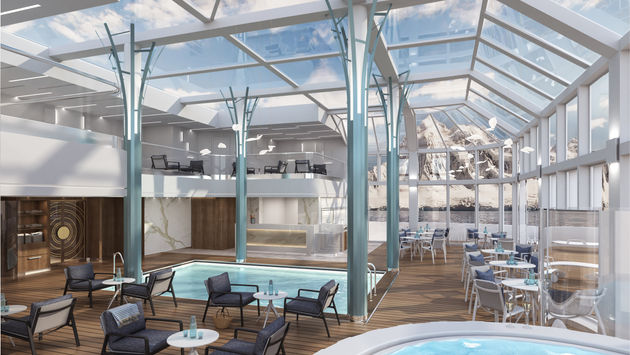 The two-level pool deck onboard the Crystal Endeavor is enclosed by glass.