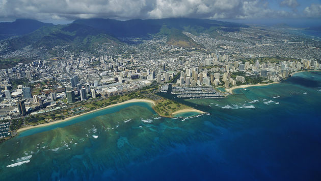Aerial shot of Waikiki and the surrounding area