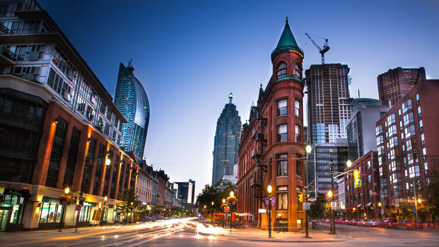 Downtown Toronto, Ontario facing West along Front street. Long exposure at dusk. (Steven_Kriemadis / iStock / Getty Images Plus)