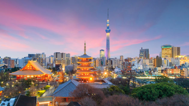 Tokyo skyline view at sunset in Japan.  (photo via f11photo/iStock/Getty Images Plus)